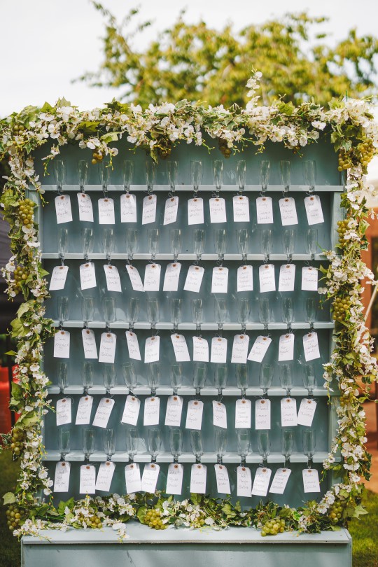 Champagne Wall Seating Plan, Garland, wedding florist Darlington close up 